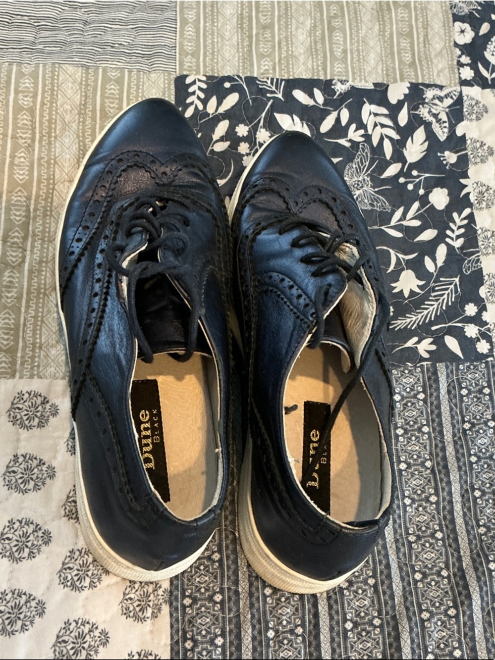 Dune London Navy Leather Brogue-Style Lace-Up Flats